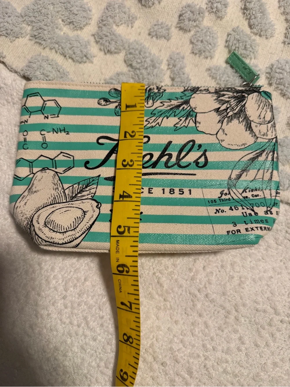 Kiehl's Mint & Cream Striped Zip Cosmetic Pouch